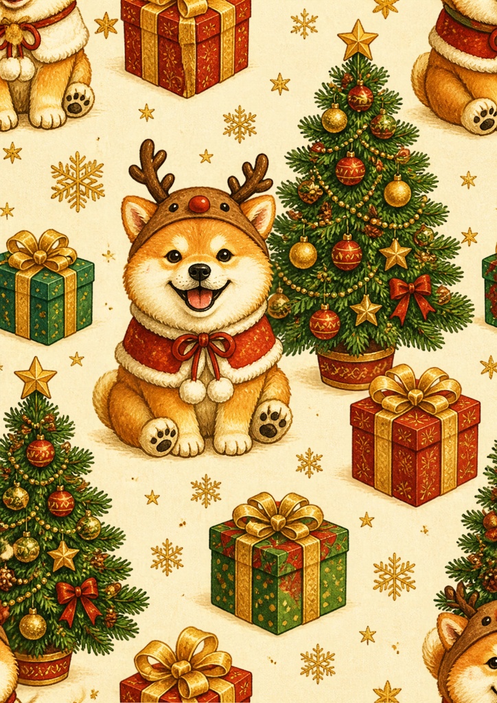 無料お試し版【A4/7枚セット】クリスマス柴犬・メルヘン和風デジタルペーパー｜手帳デコ・ポチ袋・ラッピング用