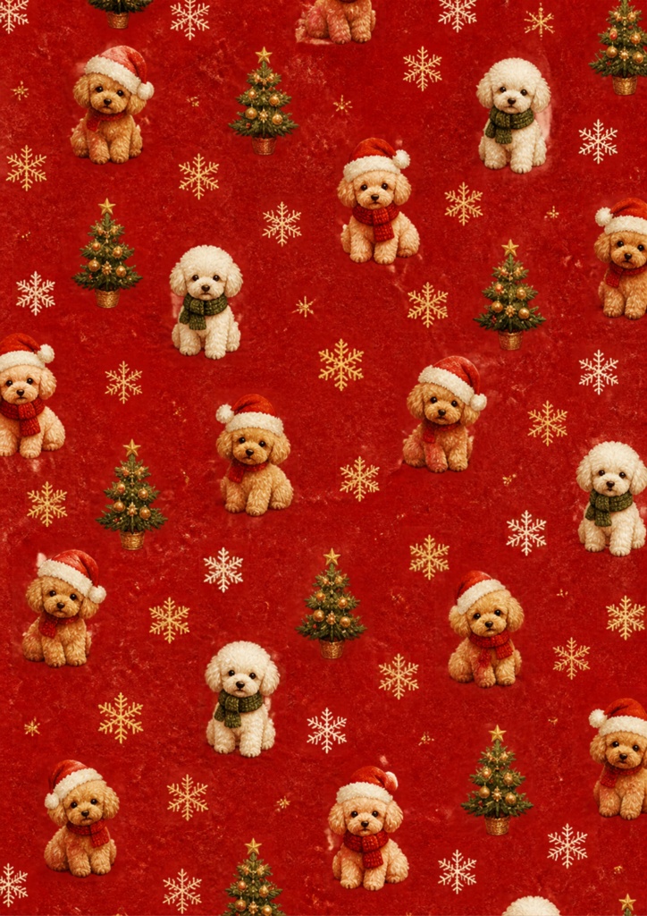 【A4/7枚セット】クリスマス・トイプードル(和紙風和柄) / Christmas 「Toy Poodle」Japanese Washi Style Digital Paper