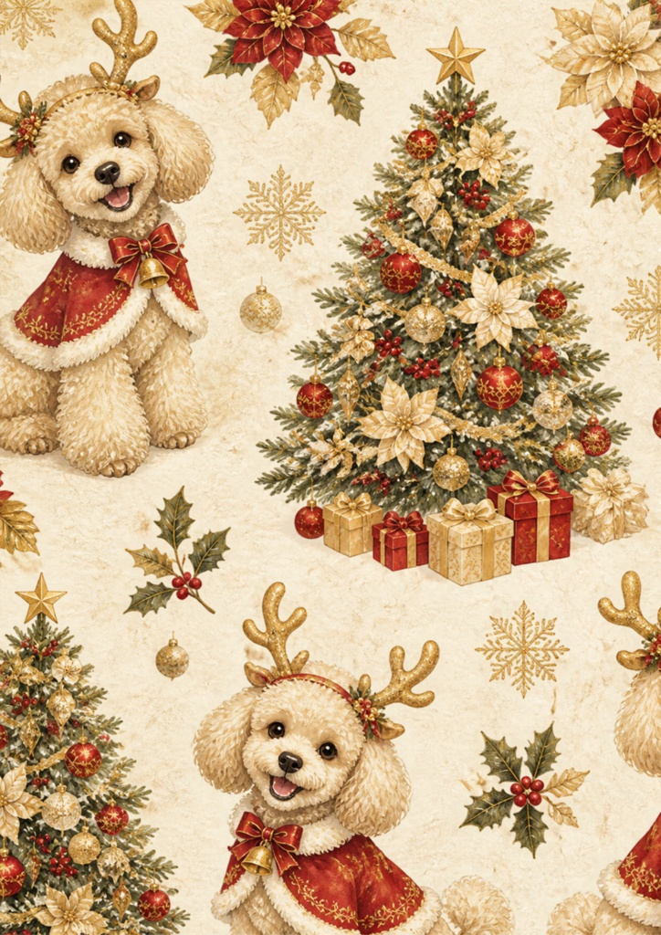 【A4/7枚セット】クリスマス・トイプードル(和紙風和柄) / Christmas 「Toy Poodle」Japanese Washi Style Digital Paper
