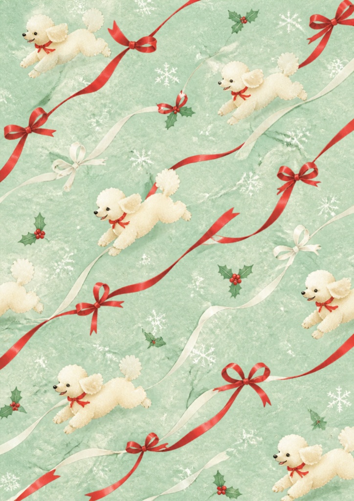 【A4/7枚セット】クリスマス・トイプードル(和紙風和柄) / Christmas 「Toy Poodle」Japanese Washi Style Digital Paper
