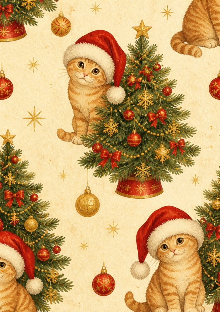 【A4/PNG・PDF】クリスマス柄チャトラ猫のぬくもりシームレスパターン 7枚セット|Ginger Tabby Cat Seamless Pattern Pack (7 Designs)