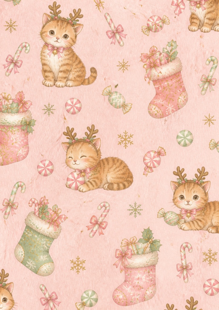 【A4/PNG・PDF】クリスマス柄チャトラ猫のぬくもりシームレスパターン 7枚セット|Ginger Tabby Cat Seamless Pattern Pack (7 Designs)