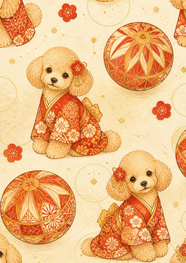 【A4/PNG・PDF】お正月用トイプードルの可愛いシームレスパターン 7枚セット|Toy Poodle Seamless Pattern Pack (7 Designs)