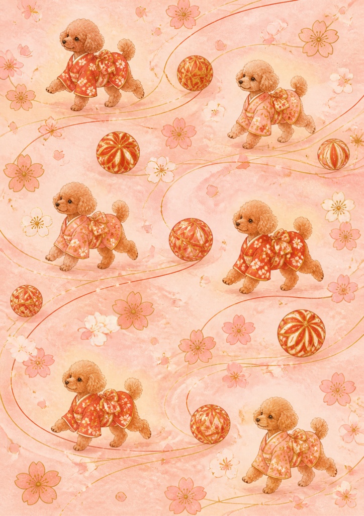 【A4/PNG・PDF】お正月用トイプードルの可愛いシームレスパターン 7枚セット|Toy Poodle Seamless Pattern Pack (7 Designs)