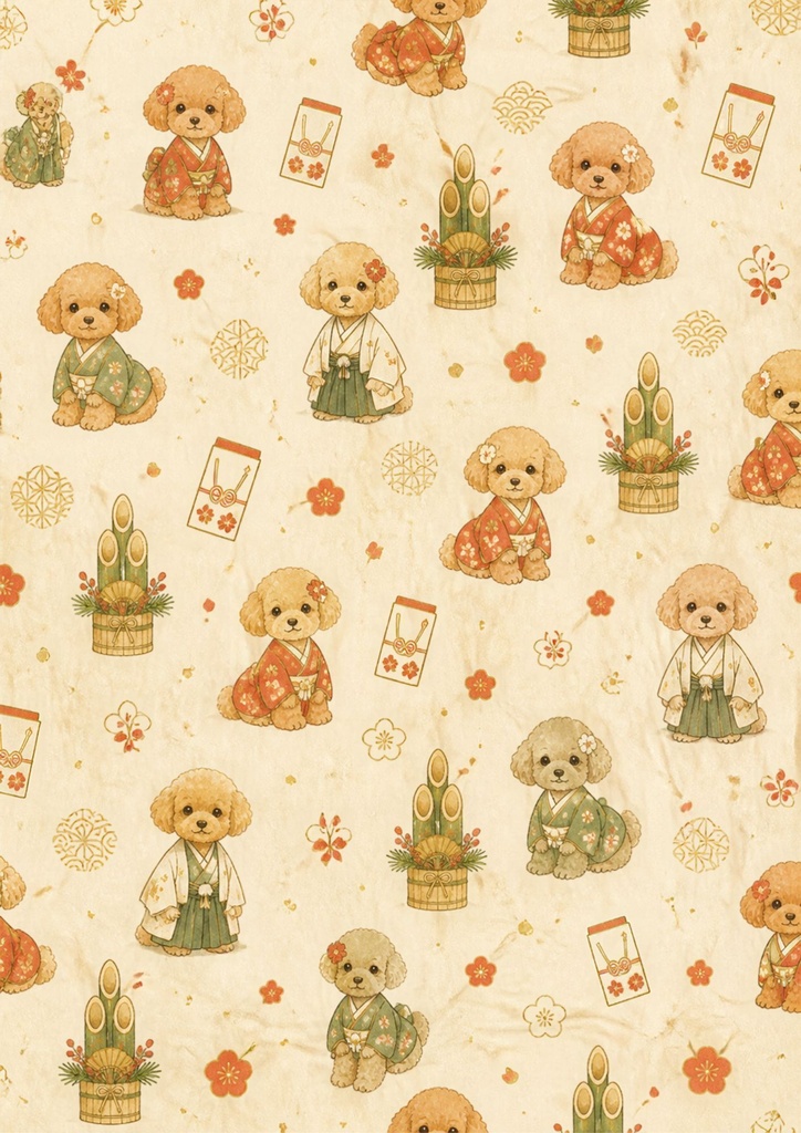 【A4/PNG・PDF】お正月用トイプードルの可愛いシームレスパターン 7枚セット|Toy Poodle Seamless Pattern Pack (7 Designs)