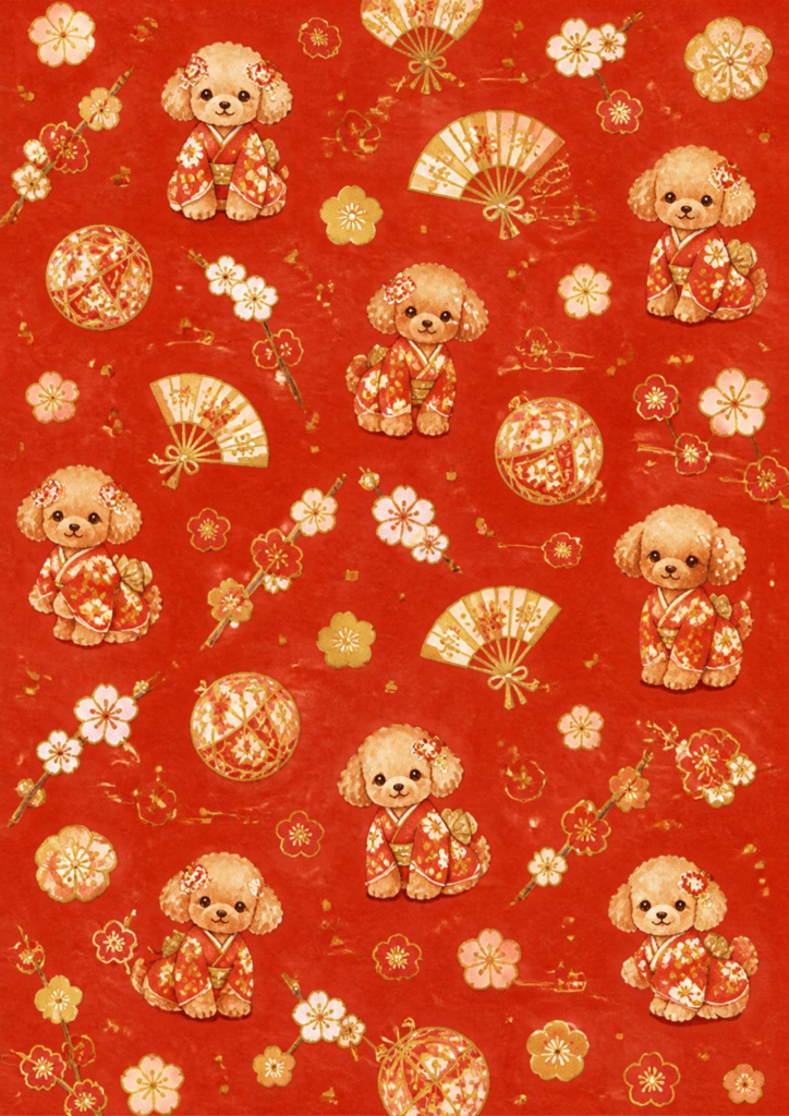【A4/PNG・PDF】お正月用トイプードルの可愛いシームレスパターン 7枚セット|Toy Poodle Seamless Pattern Pack (7 Designs)