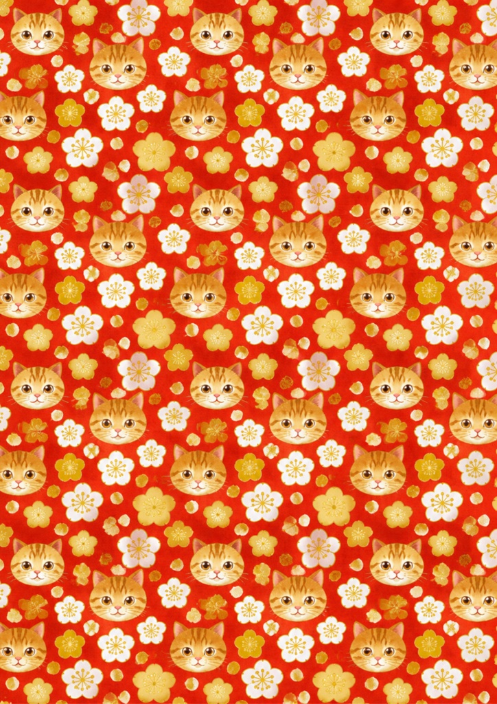 【A4/PNG・PDF】お正月 チャトラ猫のぬくもりシームレスパターン 7枚セット|Ginger Tabby Cat Seamless Pattern Pack (7 Designs)