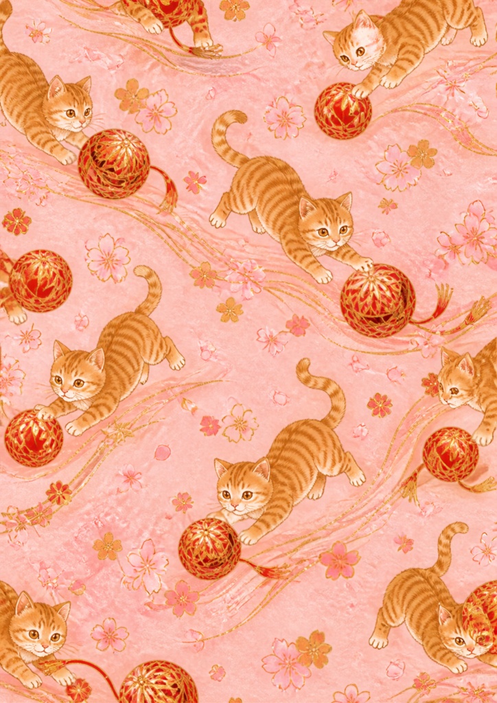 【A4/PNG・PDF】お正月 チャトラ猫のぬくもりシームレスパターン 7枚セット|Ginger Tabby Cat Seamless Pattern Pack (7 Designs)
