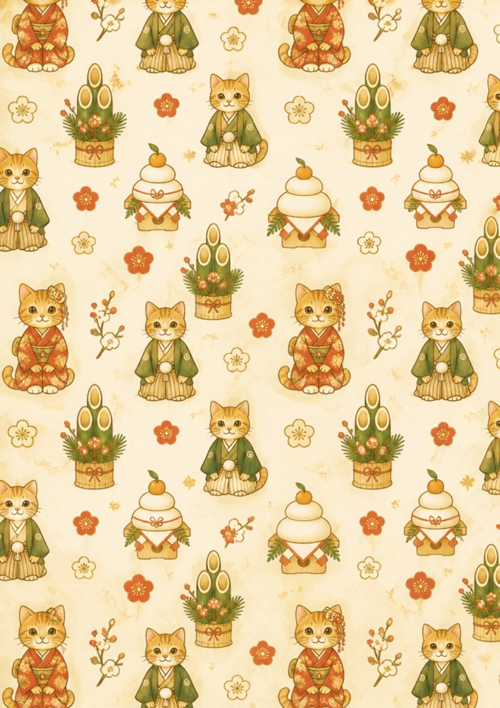 【A4/PNG・PDF】お正月 チャトラ猫のぬくもりシームレスパターン 7枚セット|Ginger Tabby Cat Seamless Pattern Pack (7 Designs)