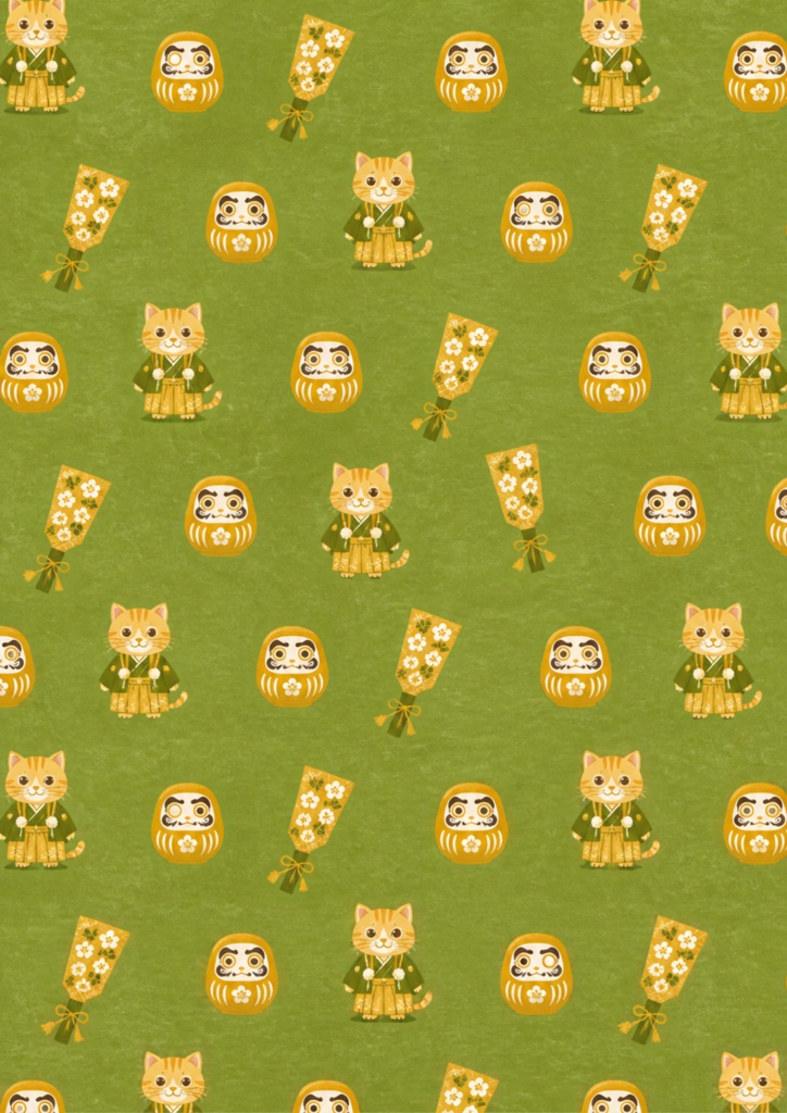 【A4/PNG・PDF】お正月 チャトラ猫のぬくもりシームレスパターン 7枚セット|Ginger Tabby Cat Seamless Pattern Pack (7 Designs)