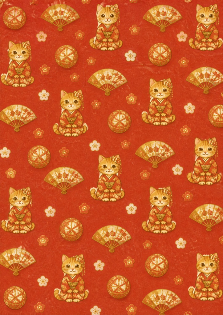 【A4/PNG・PDF】お正月 チャトラ猫のぬくもりシームレスパターン 7枚セット|Ginger Tabby Cat Seamless Pattern Pack (7 Designs)