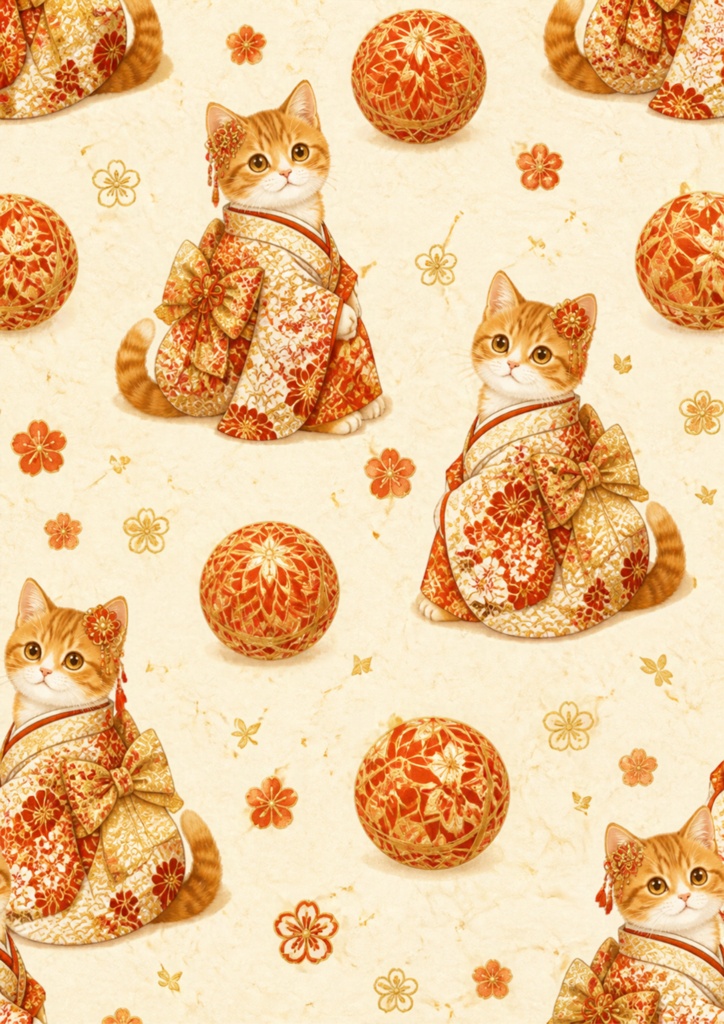 無料お試し版【A4/PNG・PDF】お正月柄　チャトラ猫のぬくもりシームレスパターン 7枚セット｜Ginger Tabby Cat Seamless Pattern Pack (7 Designs)