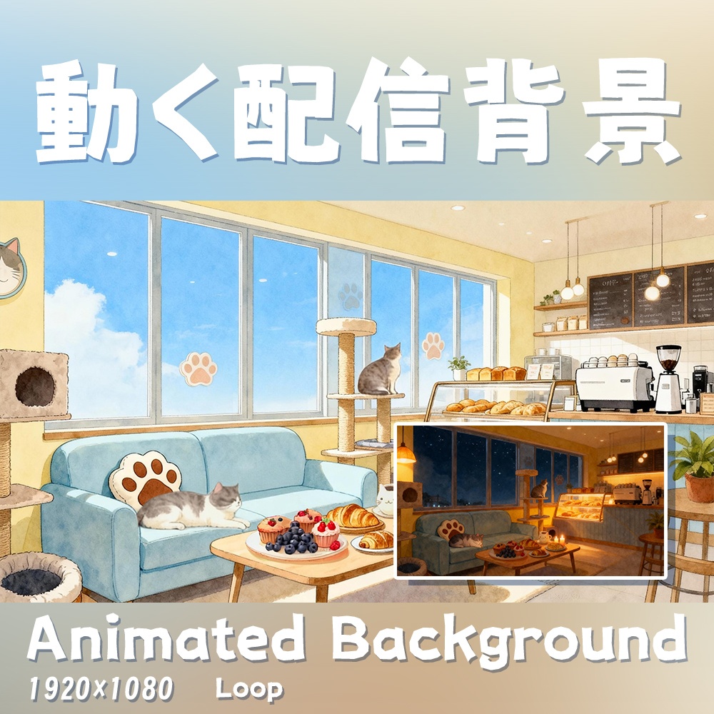 【動く背景・配信素材】猫の珈琲屋昼夜_Kitty Coffee House (Day & Night)
