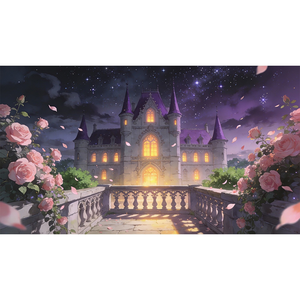 【動く背景・配信素材】ゴシック城‑花びら舞い_おとぎ話の城‑花火_Gothic Castle‑Falling Petals_Fairy‑Tale Castle‑Fireworks