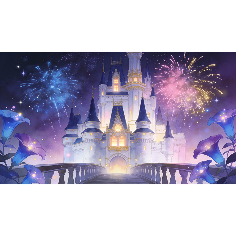 【動く背景・配信素材】ゴシック城‑花びら舞い_おとぎ話の城‑花火_Gothic Castle‑Falling Petals_Fairy‑Tale Castle‑Fireworks