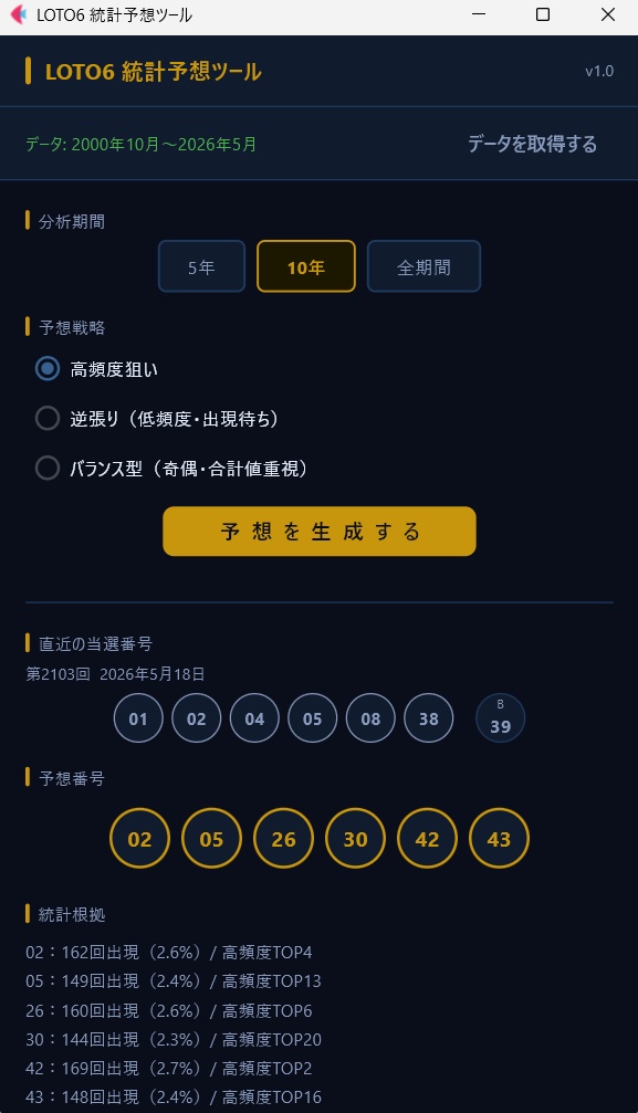 ロト6 統計予想ツール【Windows+スマホ対応・3種の統計アルゴリズム搭載】