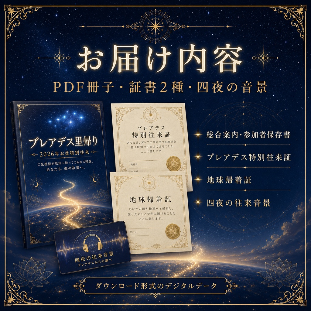 【2026年お盆特別往来】プレアデス里帰り-ご先祖様が帰る四夜、あなたも魂の故郷へ。証書・波動音源・解説冊子