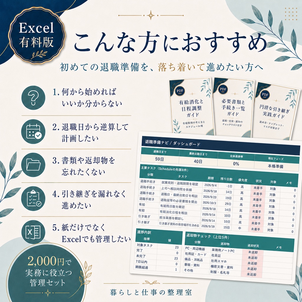 【Excel+PDF3冊セット】退職準備ナビ|期限・有給・書類・引き継ぎをまとめて管理