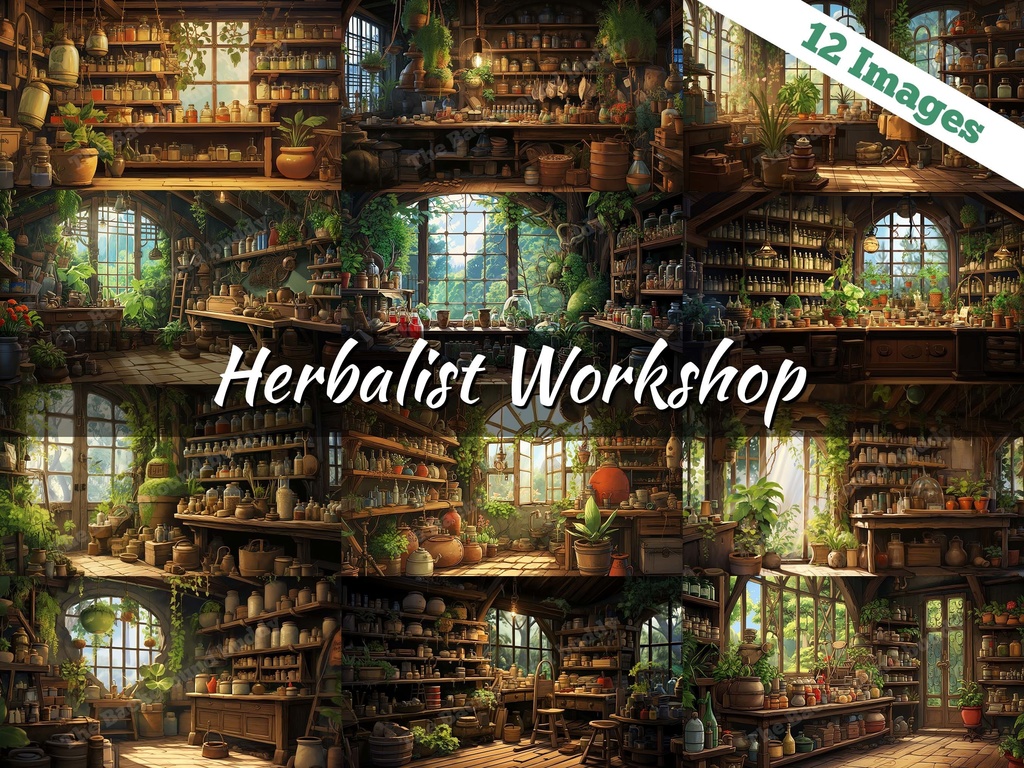 Vtuber Background Bundle, Set of 12 Backgrounds, stream room background, vtuber room background, background twitch, seamless looped, Herbalist Workshop