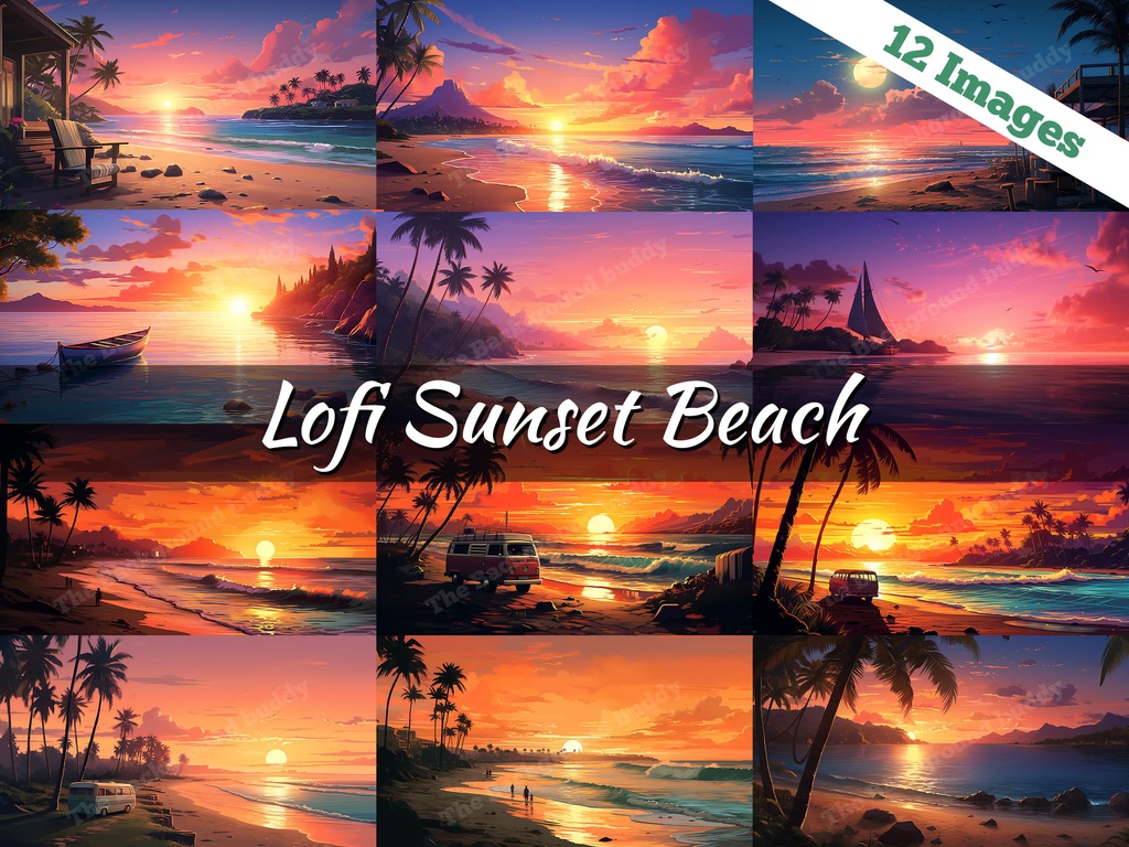 Vtuber Background Bundle, Set of 12 Backgrounds, stream room background, vtuber room background, background twitch, seamless looped, Lofi Sunset Beach