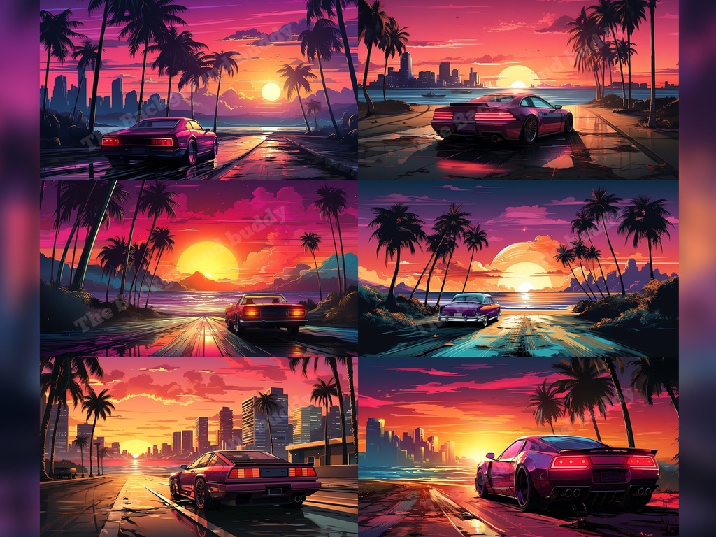 Vtuber Background Bundle, Set of 12 Backgrounds, stream room background, vtuber room background, background twitch, seamless looped, Synthwave Miami Car
