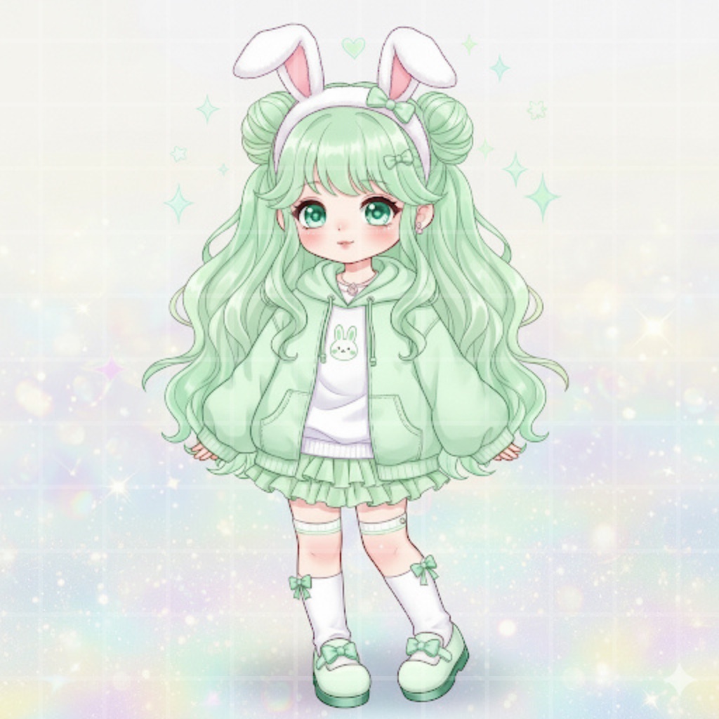 【SNSアイコン】ちびキャラ☆ウサ耳グリーン ふんわりカラーの女の子