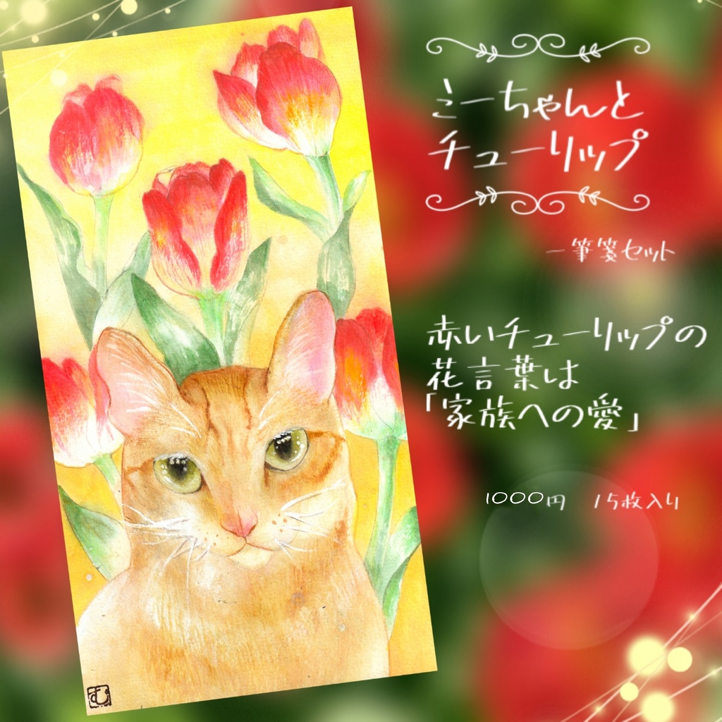 花言葉一筆箋シリーズ 赤いチューリップと猫