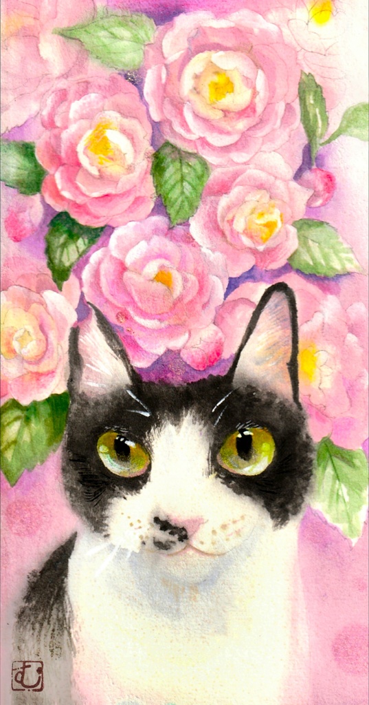 花言葉一筆箋シリーズ ピンク色のマダムピエールオジェと猫