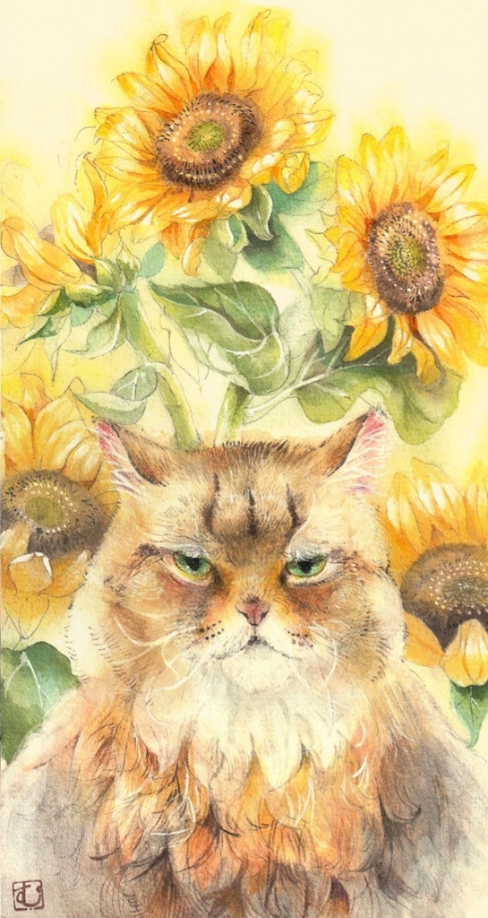 花言葉一筆箋シリーズ 黄色い向日葵と猫