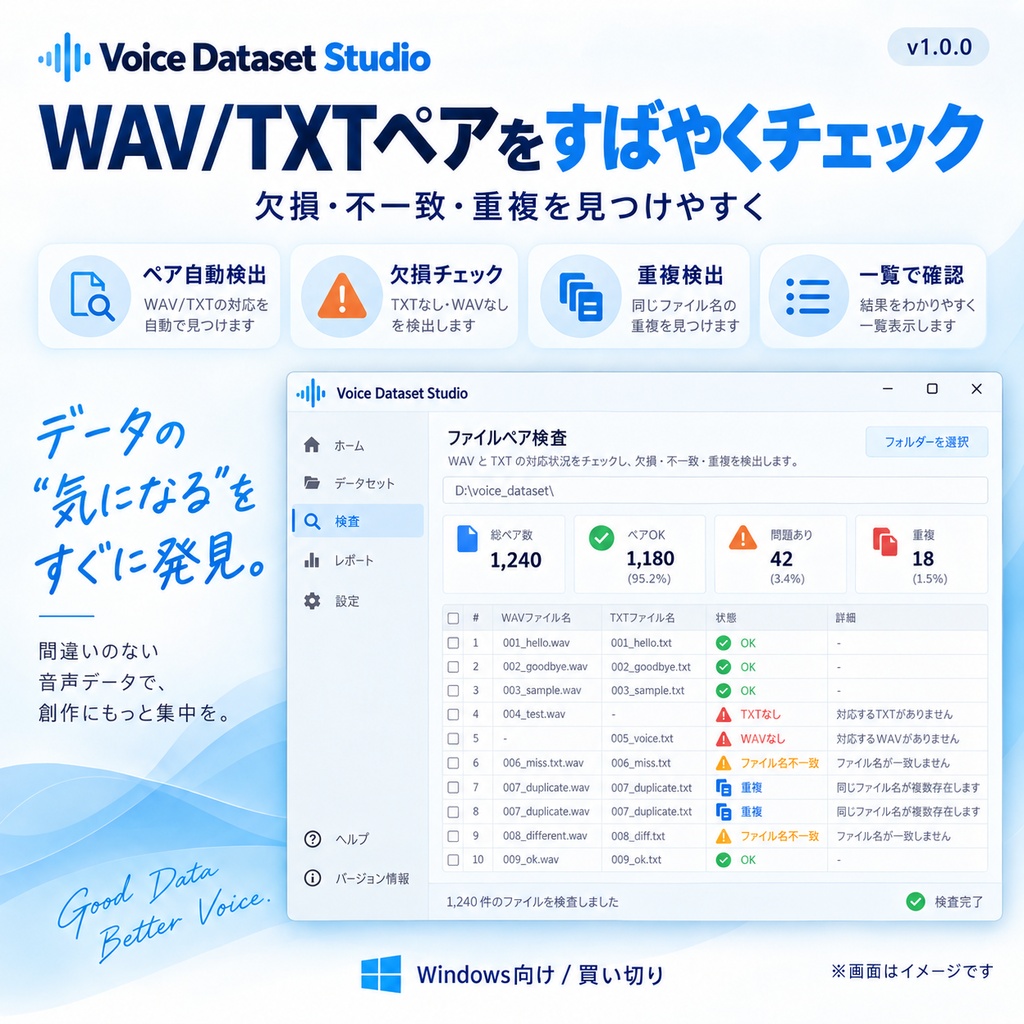 Voice Dataset Studio v1.0.0|WAV/TXT音声データセット整理・検査ツール