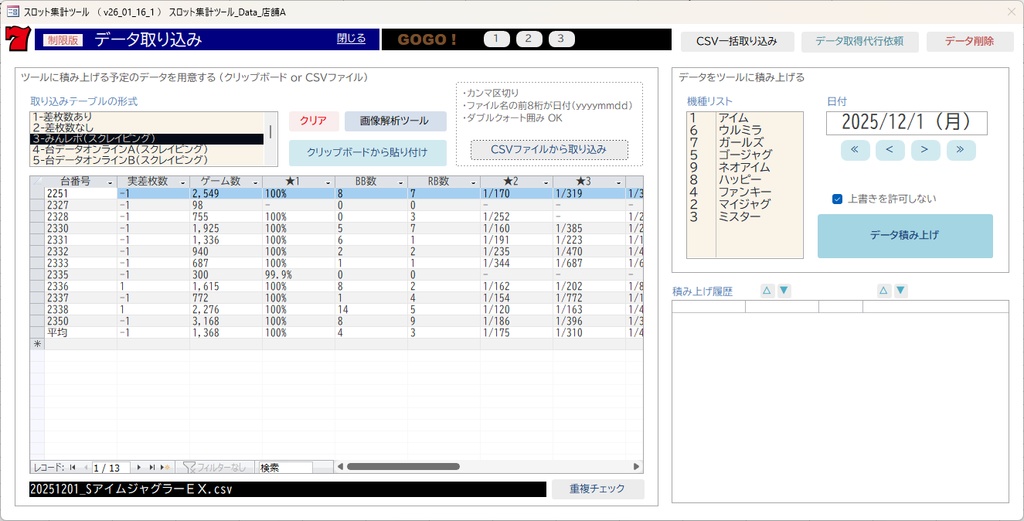 スロット集計ツール（ジャグラー専用）