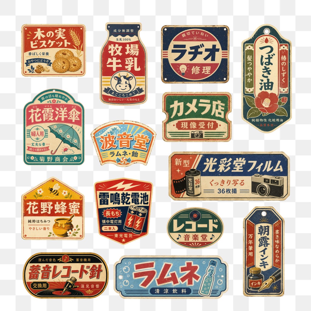 【商用利用可】100枚セット・昭和レトロの透過コラージュ素材