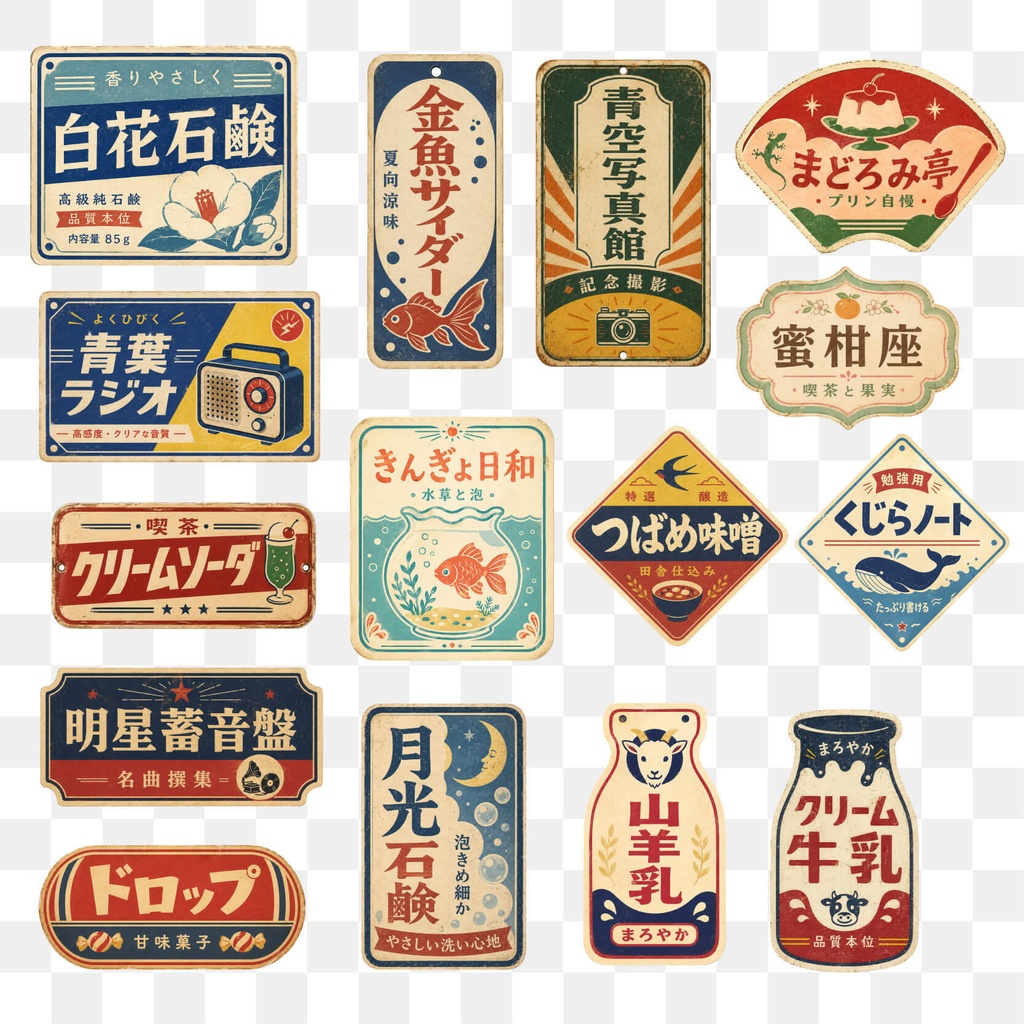 【商用利用可】100枚セット・昭和レトロの透過コラージュ素材