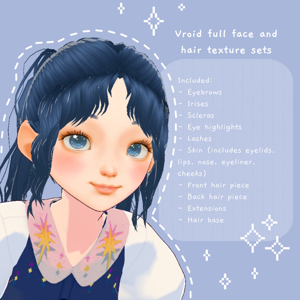 【VRoid】VTuber向けのリアルで詳細なかわいい女性/女の子/女性の顔の肌と髪のテクスチャセット Realistic detailed cute female/girl/woman face skin and hair texture set for VTubers VRoid studio (VRM)