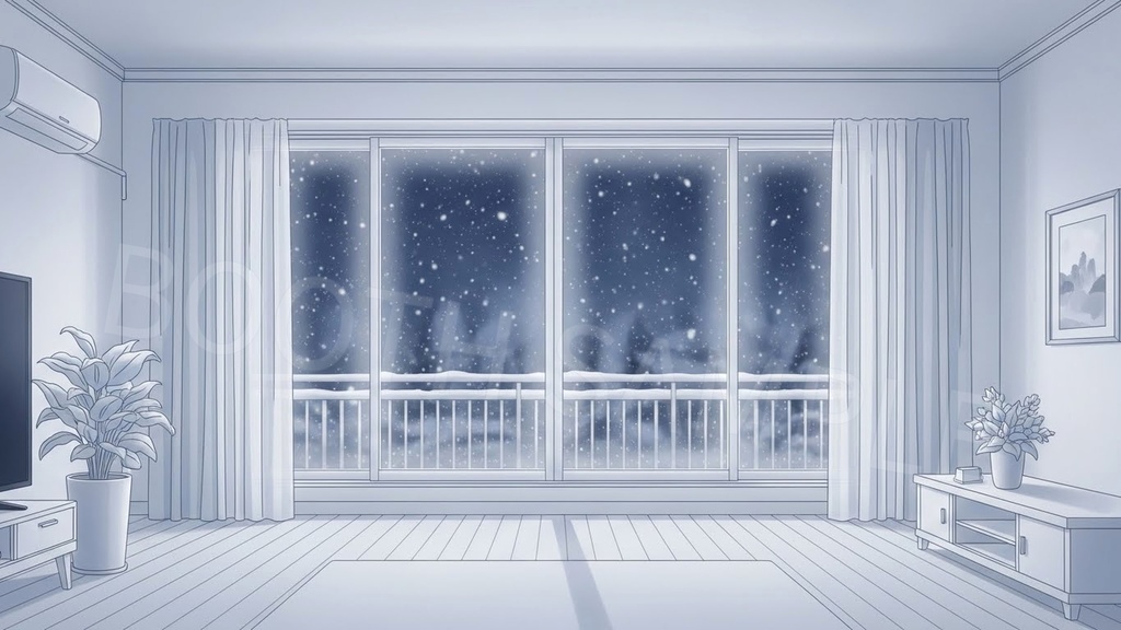 【配信背景6種】Milky Snow|雪窓ルーム背景(1920×1080/16:9・文字なし・VTuber配信素材・AI生成)