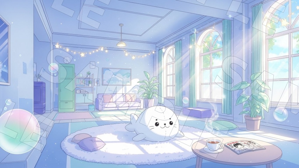 【配信背景6種】Aqua Sky Room|空色×マリン(1920×1080/16:9・文字なし・VTuber配信素材・AI生成)