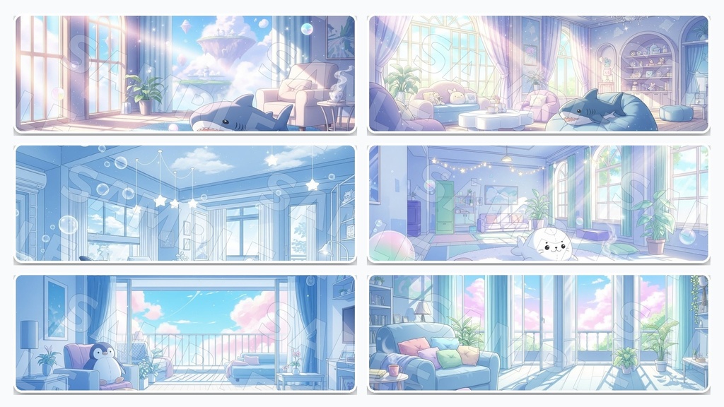 【配信背景6種】Aqua Sky Room|空色×マリン(1920×1080/16:9・文字なし・VTuber配信素材・AI生成)