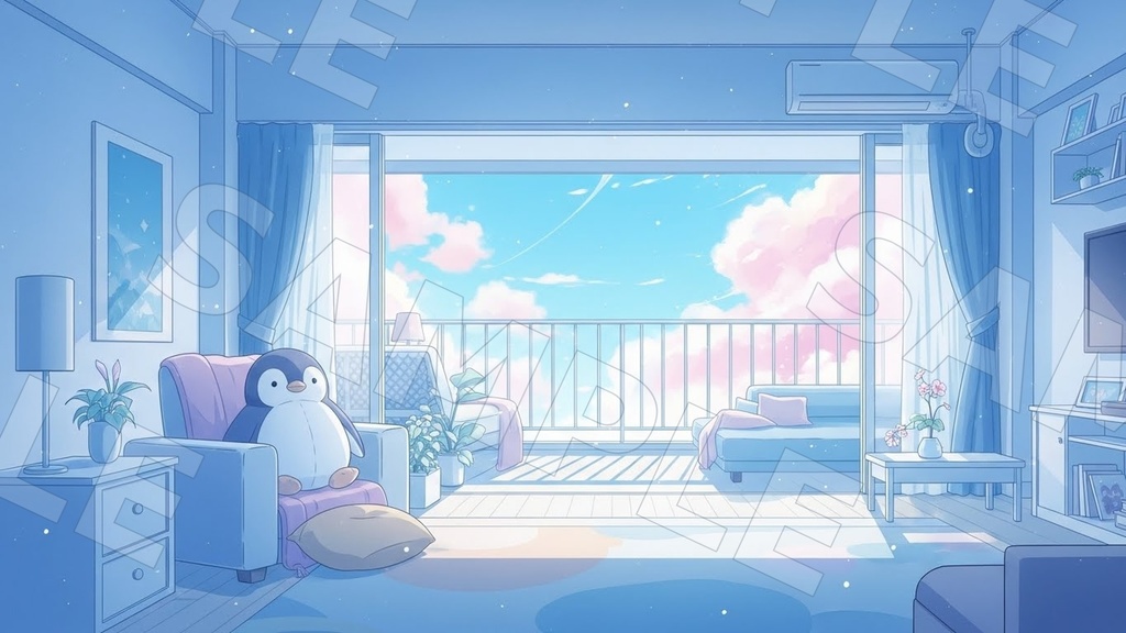 【配信背景6種】Aqua Sky Room|空色×マリン(1920×1080/16:9・文字なし・VTuber配信素材・AI生成)
