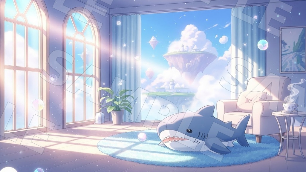 【配信背景6種】Aqua Sky Room|空色×マリン(1920×1080/16:9・文字なし・VTuber配信素材・AI生成)