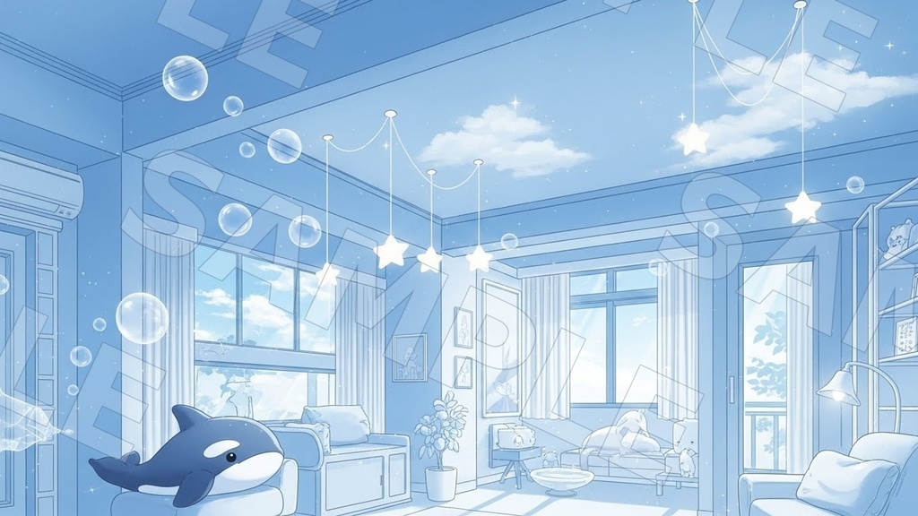 【配信背景6種】Aqua Sky Room|空色×マリン(1920×1080/16:9・文字なし・VTuber配信素材・AI生成)