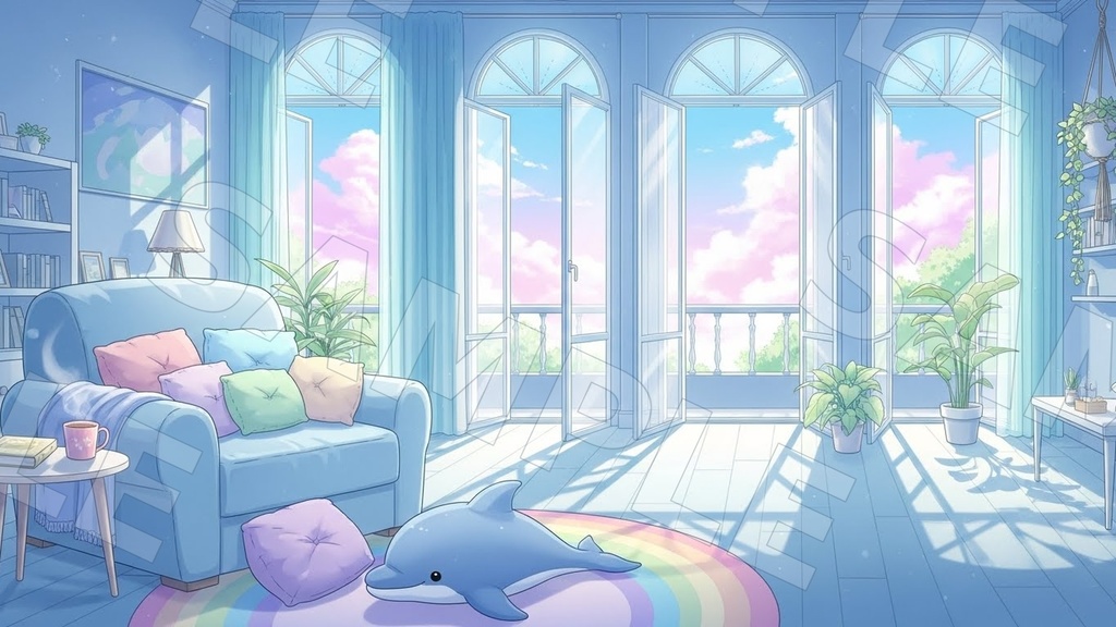 【配信背景6種】Aqua Sky Room|空色×マリン(1920×1080/16:9・文字なし・VTuber配信素材・AI生成)