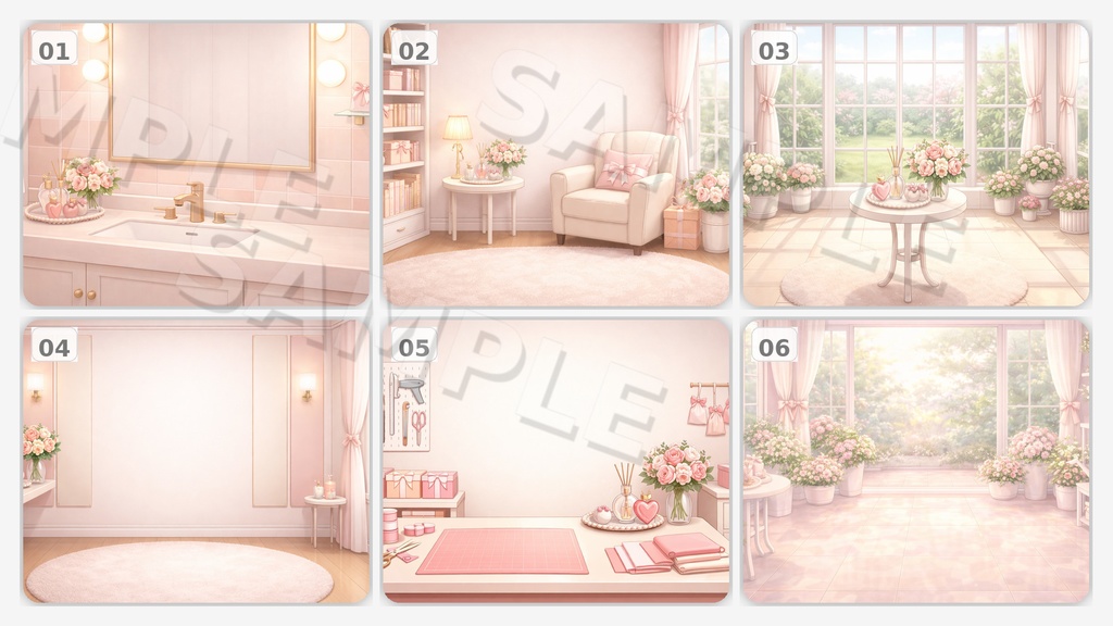 【配信背景6種セット】Sweet Blossom|ローズ香るパウダールーム&花窓ルーム背景(16:9/PNG/文字なし/VTuber配信素材)