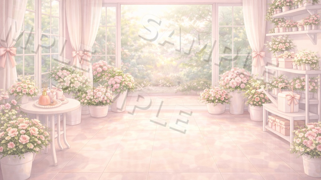 【配信背景6種セット】Sweet Blossom|ローズ香るパウダールーム&花窓ルーム背景(16:9/PNG/文字なし/VTuber配信素材)