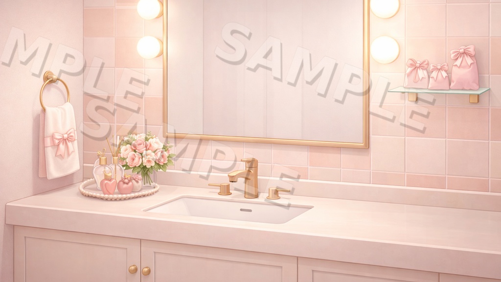 【配信背景6種セット】Sweet Blossom|ローズ香るパウダールーム&花窓ルーム背景(16:9/PNG/文字なし/VTuber配信素材)