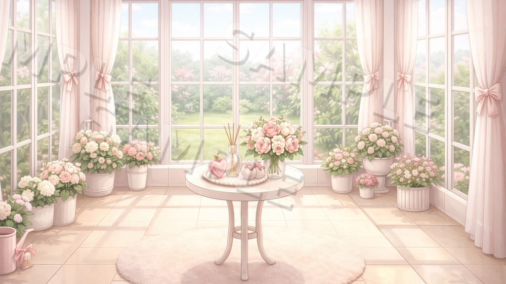 【配信背景6種セット】Sweet Blossom|ローズ香るパウダールーム&花窓ルーム背景(16:9/PNG/文字なし/VTuber配信素材)