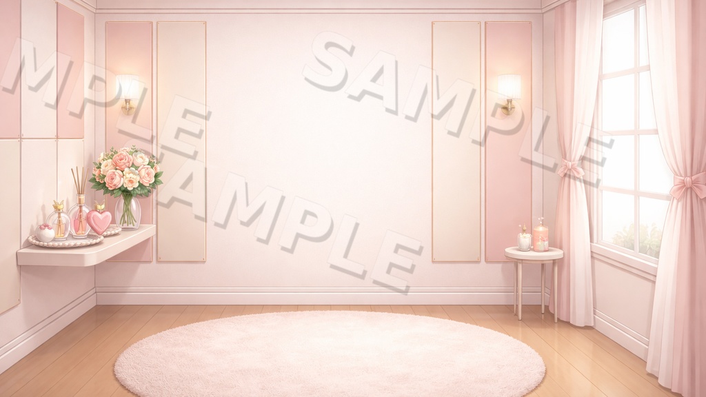 【配信背景6種セット】Sweet Blossom|ローズ香るパウダールーム&花窓ルーム背景(16:9/PNG/文字なし/VTuber配信素材)