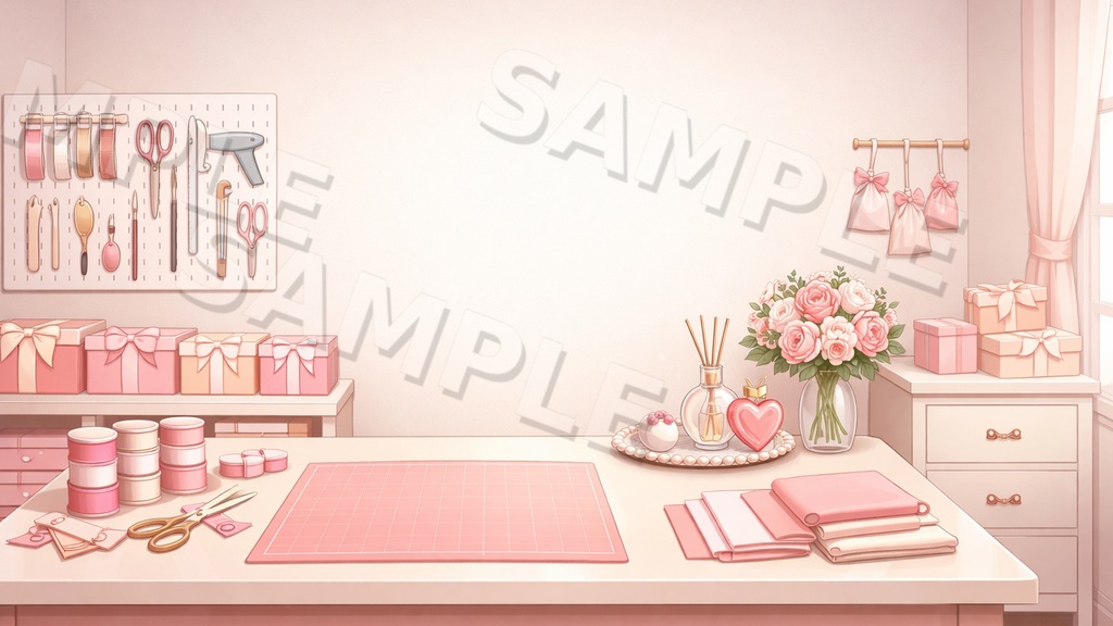 【配信背景6種セット】Sweet Blossom|ローズ香るパウダールーム&花窓ルーム背景(16:9/PNG/文字なし/VTuber配信素材)