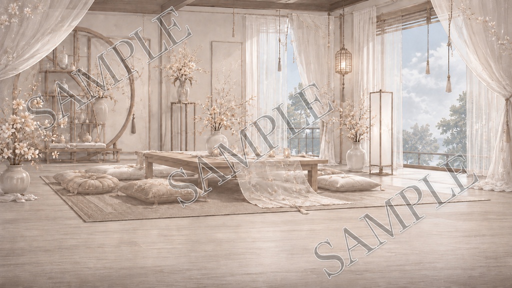 【配信背景】Sheer Ivory Salon|白と透け感の上品サロン背景 12枚セット