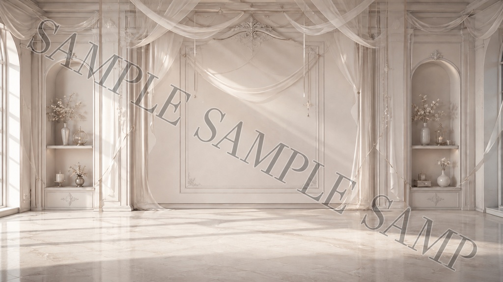 【配信背景】Sheer Ivory Salon|白と透け感の上品サロン背景 12枚セット