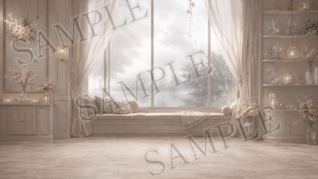【配信背景】Sheer Ivory Salon|白と透け感の上品サロン背景 12枚セット